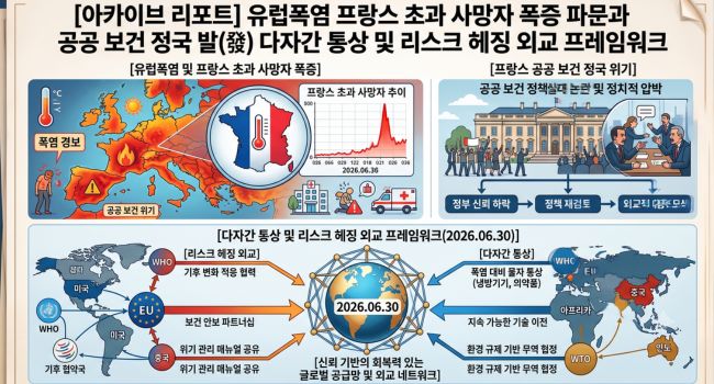 유럽폭염 프랑스열돔효과 초과사망자폭증 파리3차폭염예고 UN 외교부 공공보건위기 기후안보거버넌스 거시경제 분석 시네마틱 삽화