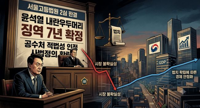 윤석열 내란우두머리 징역7년확정 공수처적법 서울고등법원2심 사법정의확립 거시경제 분석 시네마틱 삽화