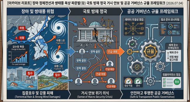 장마 쌍태풍진격 9호태풍바비 5등급초강력태풍 괴물장마비상 기상청 행정안전부 재난방재거버넌스 중앙재난안전대책본부 거시경제 분석 시네마틱 삽화
